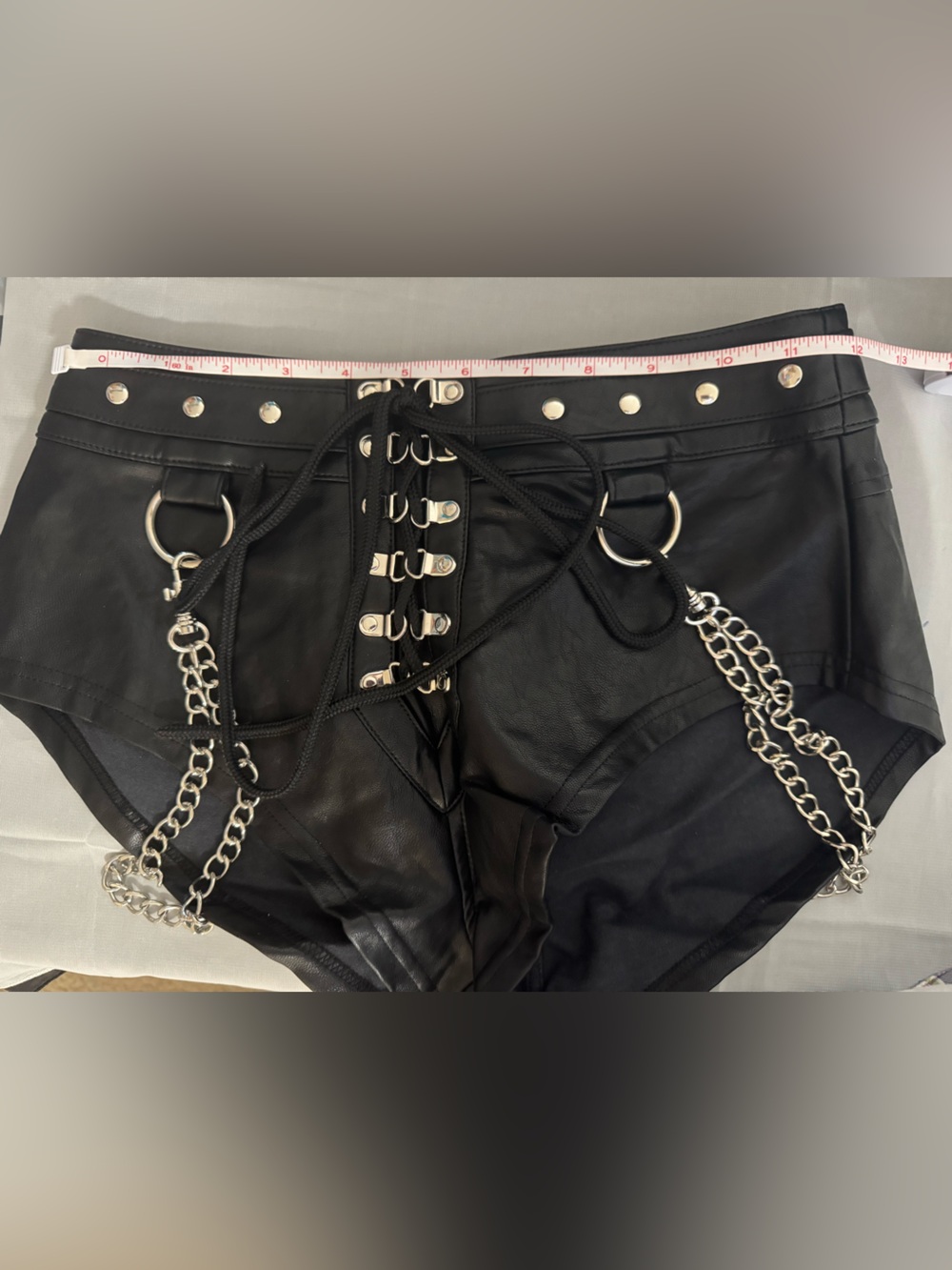 DollsKill.com WIDOW Black Faux Leather shorts, short w/ Chain Accents - NWOT - S - Picture 9 of 11